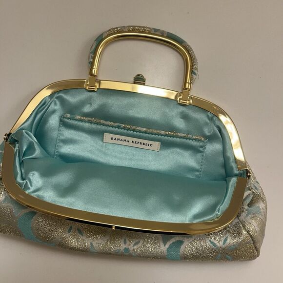 Banana Republic 2005 Silk Evening Clutch Bag Floral Gold Metallic Tiffany Blue - Picture 3 of 9